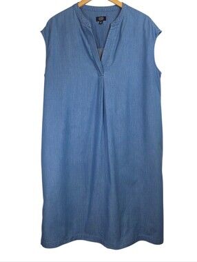 Jones New York Chambray Band Collar Dress Sz 16 Gardening Coastal Grandma *READ*